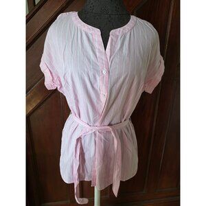 Talbots Womens Pink & White Striped Button-Up Blouse With Tie Waist Size M